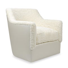 Contemporary Swivel Chair in White Shearling and Vinyl Back