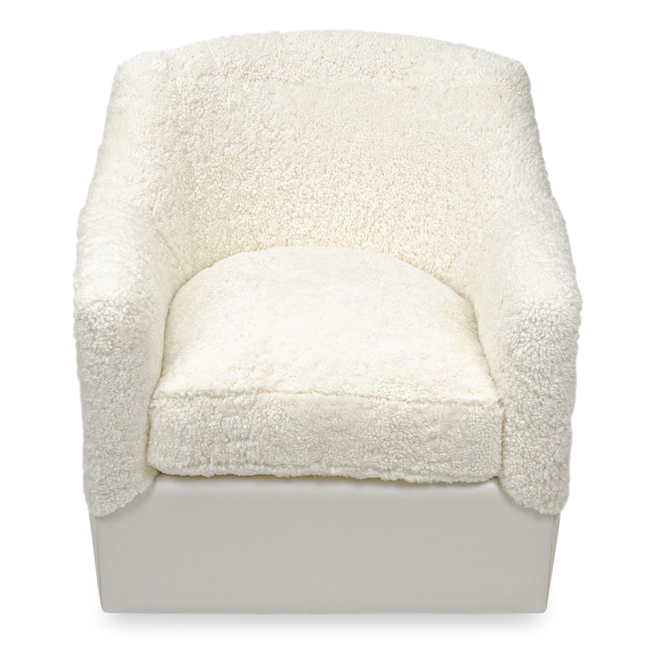 Sheepskin Contemporary Swivel Chair in White Shearling and Vinyl Back For Sale
