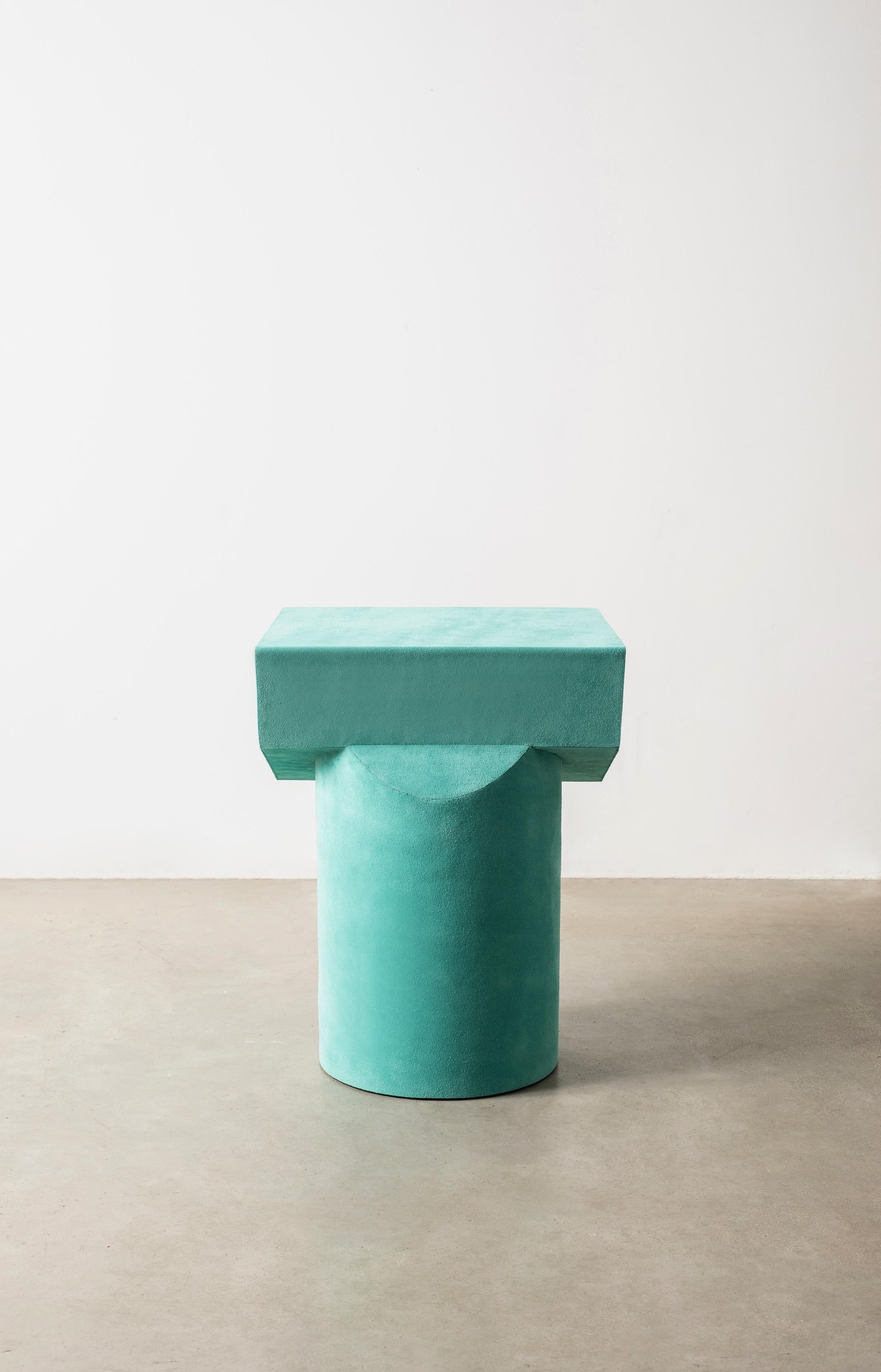 Contemporary T Collection Stool in Wood and Dark Blue Suede For Sale 4