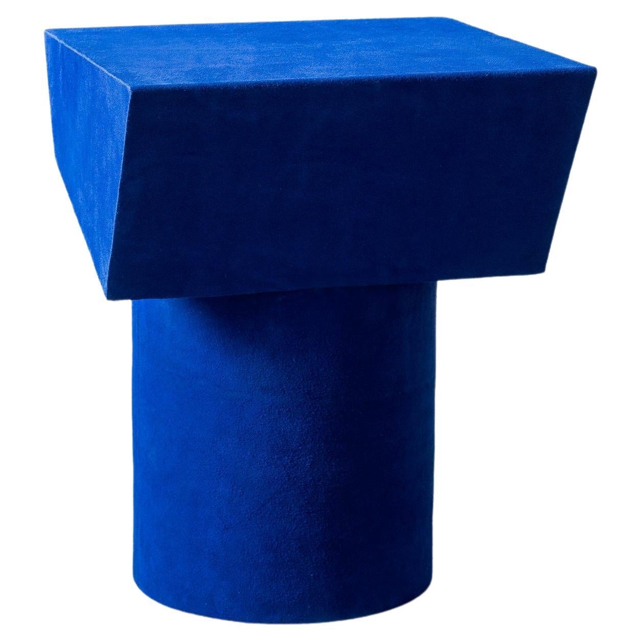 Contemporary T Collection Stool in Wood and Dark Blue Suede