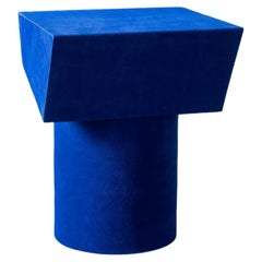Contemporary T Collection Stool in Wood and Dark Blue Suede