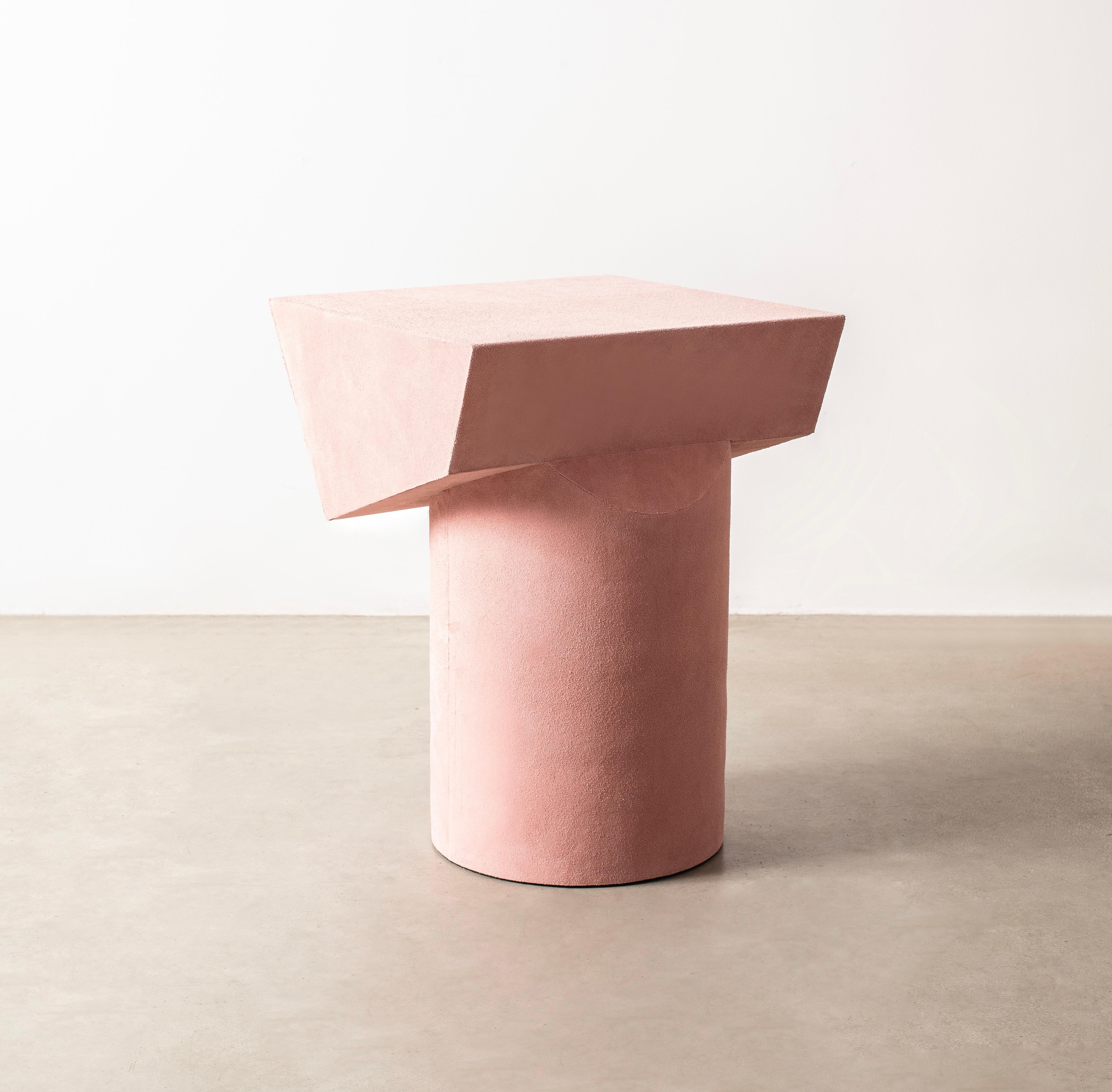Contemporary T Collection Stool in Wood and Dark Pink Suede For Sale 6