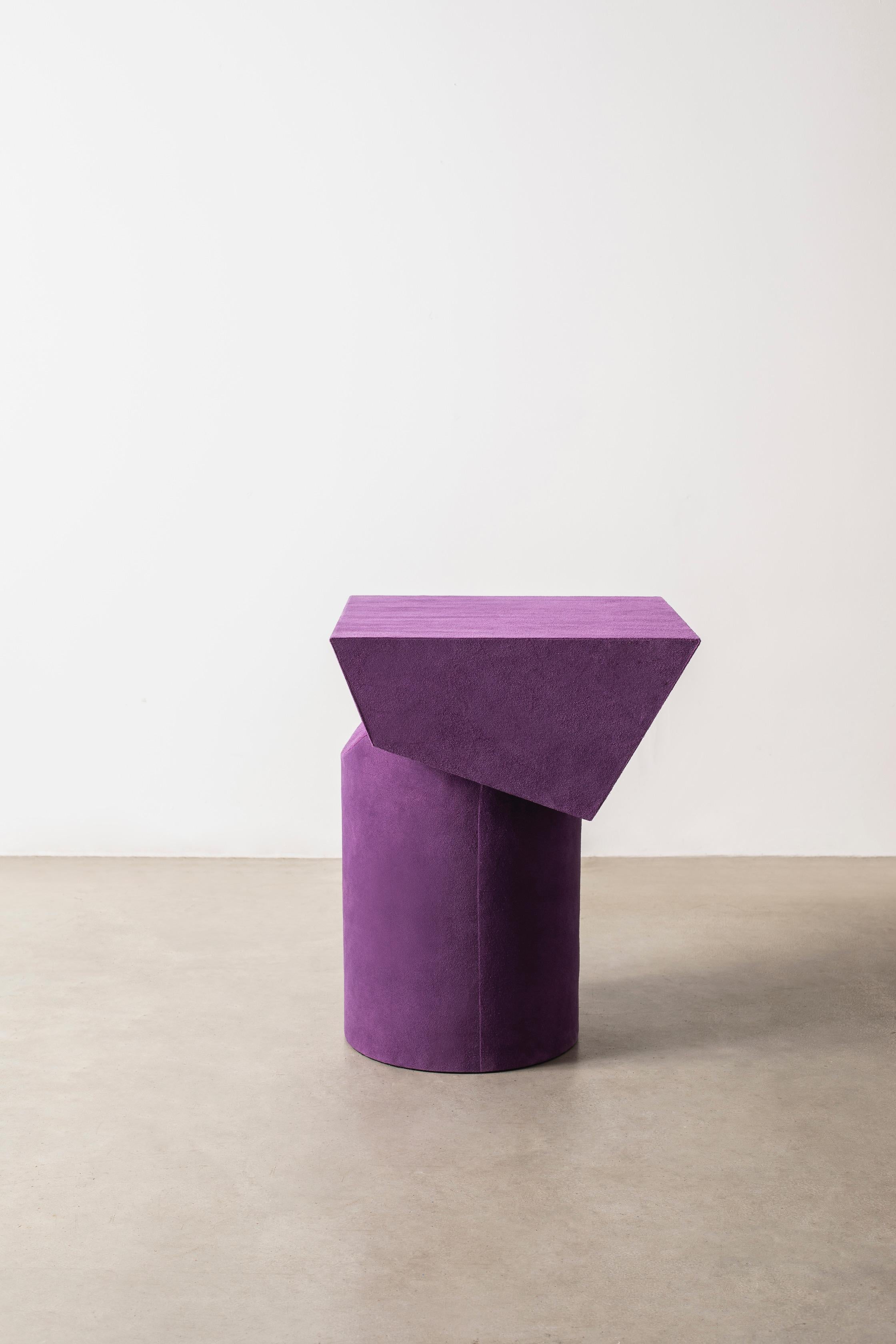 Modern Contemporary T Collection Stool in Wood and Dark Pink Suede For Sale