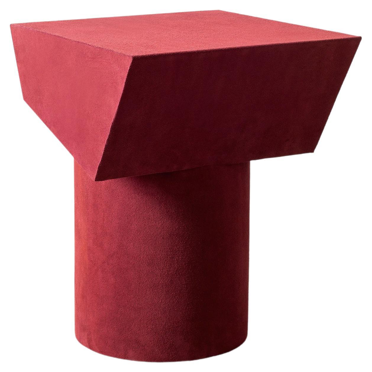 Contemporary T Collection Stool in Wood and Dark Pink Suede For Sale
