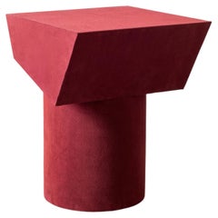 Contemporary T Collection Stool in Wood and Dark Pink Suede