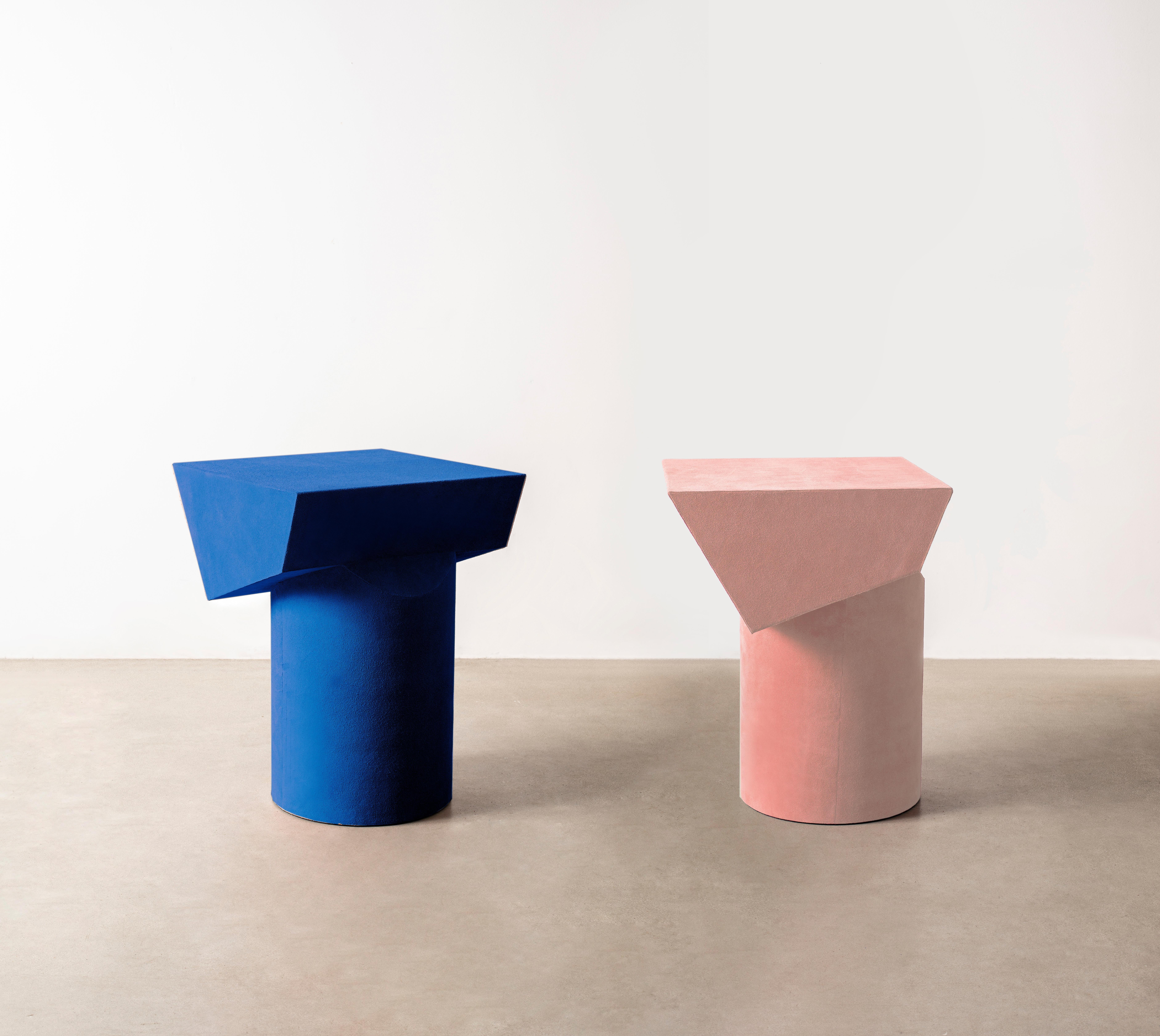 Contemporary T Collection Stool in Wood and Hot Pink Suede For Sale 3