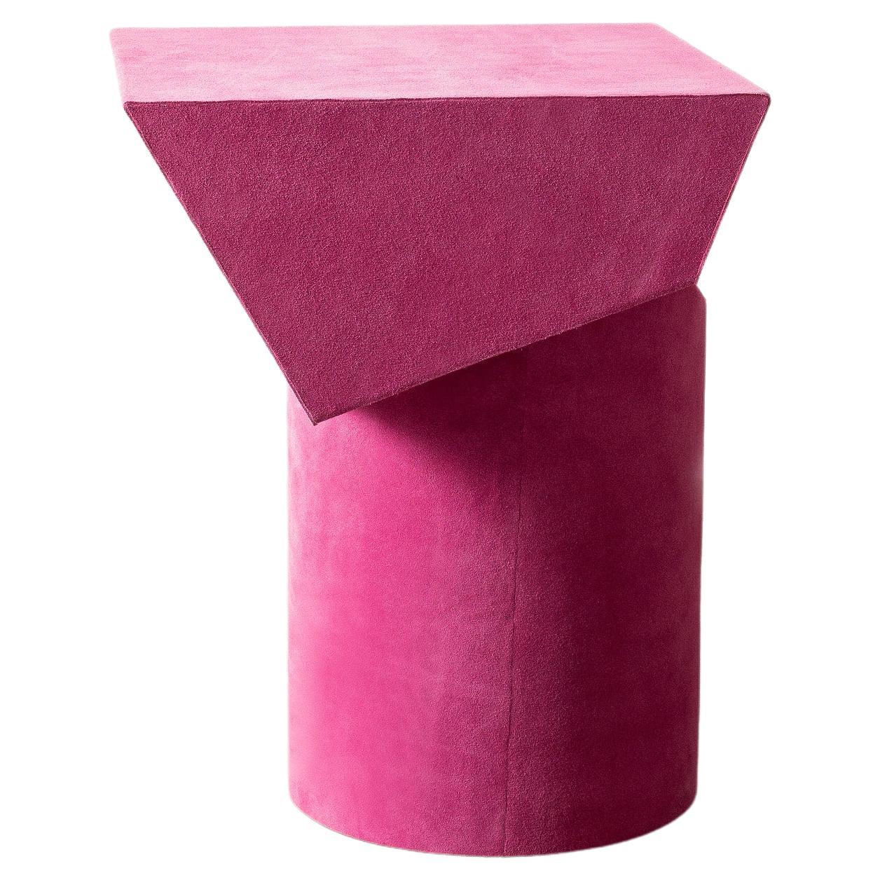 Contemporary T Collection Stool in Wood and Hot Pink Suede