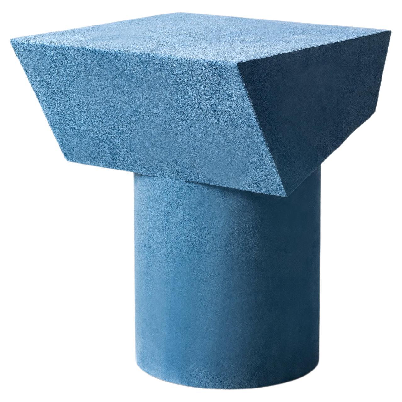 Contemporary T Collection Stool in Wood and Light Blue Suede For Sale