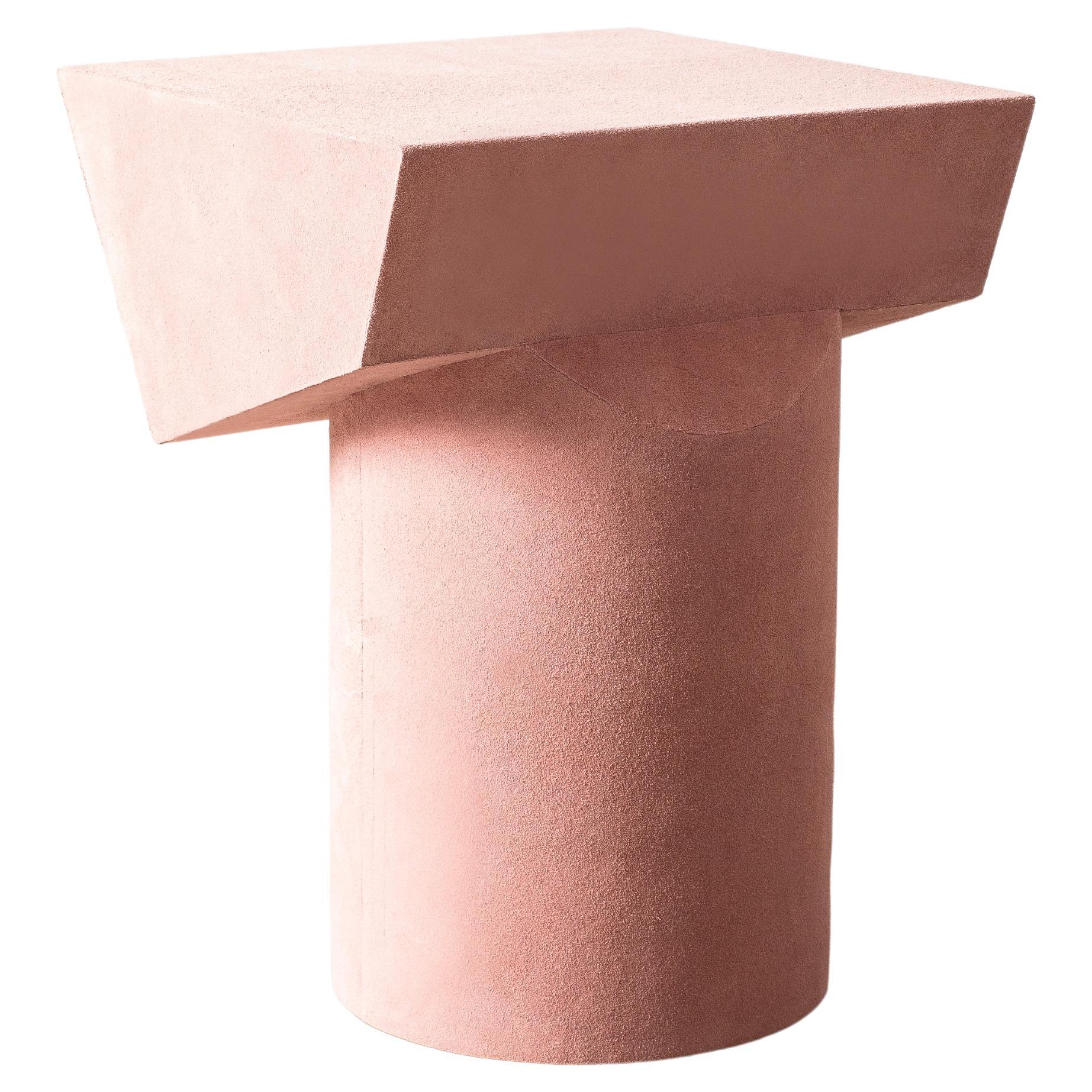 Contemporary T Collection Stool in Wood and Light Pink Suede For Sale