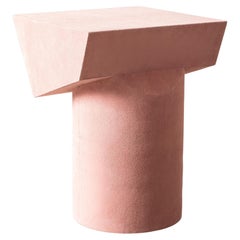 Contemporary T Collection Stool in Wood and Light Pink Suede
