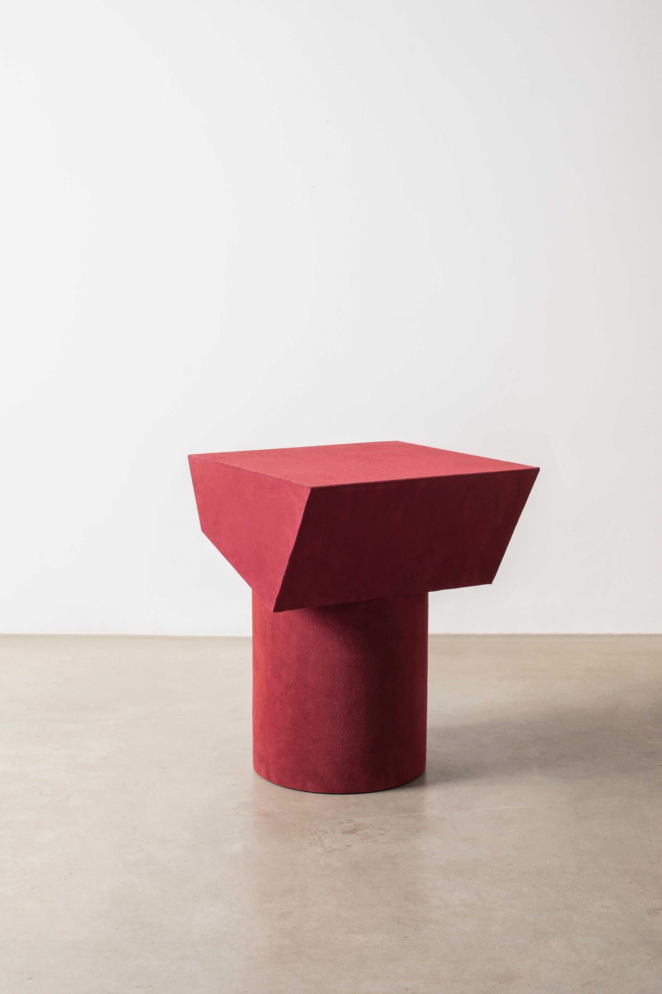 Modern Contemporary T Collection Stool in Wood and Orange Suede For Sale