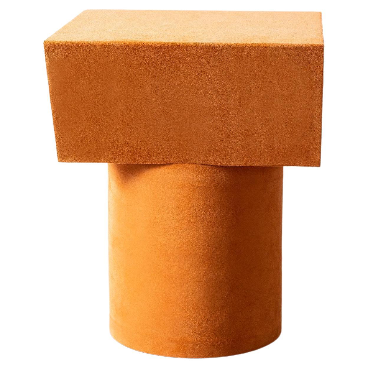 Contemporary T Collection Stool in Wood and Orange Suede For Sale