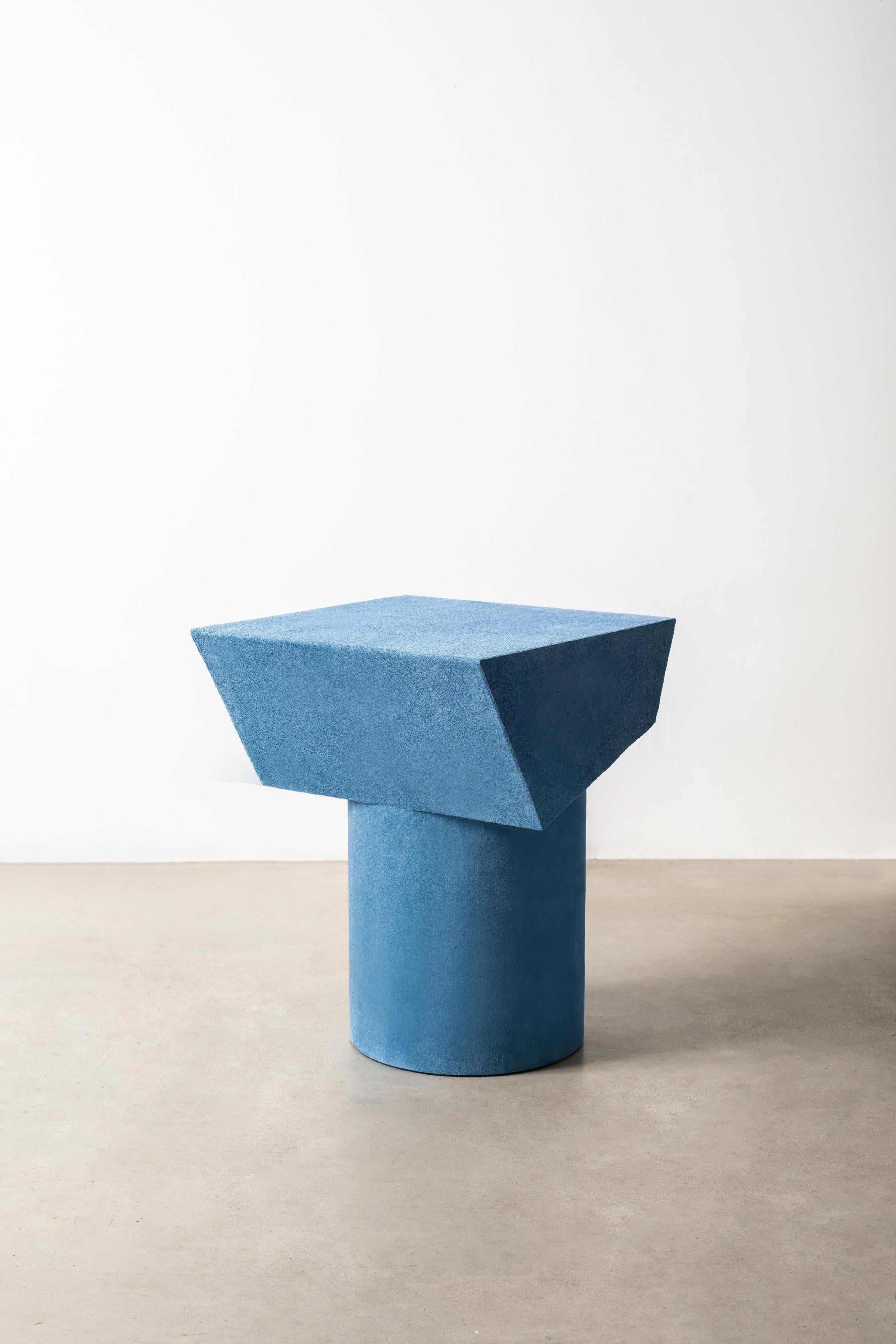 Contemporary T Collection Stool in Wood and Turquoise Suede For Sale 2