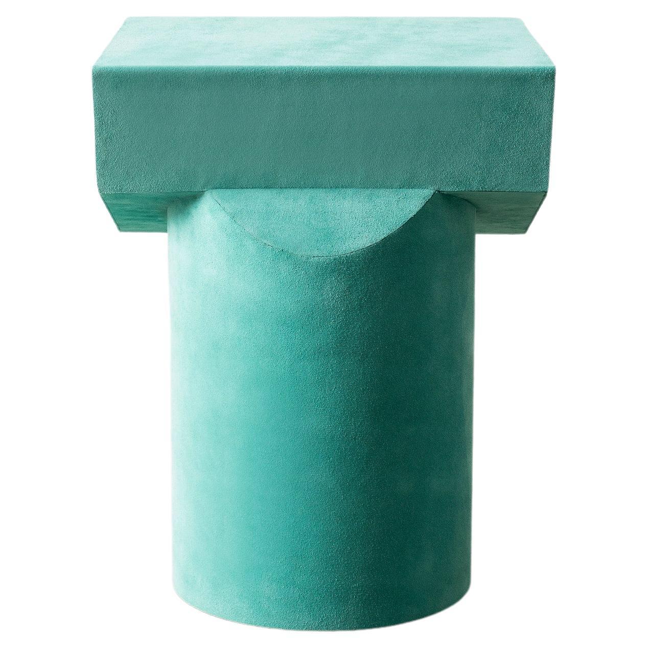 Contemporary T Collection Stool in Wood and Turquoise Suede For Sale