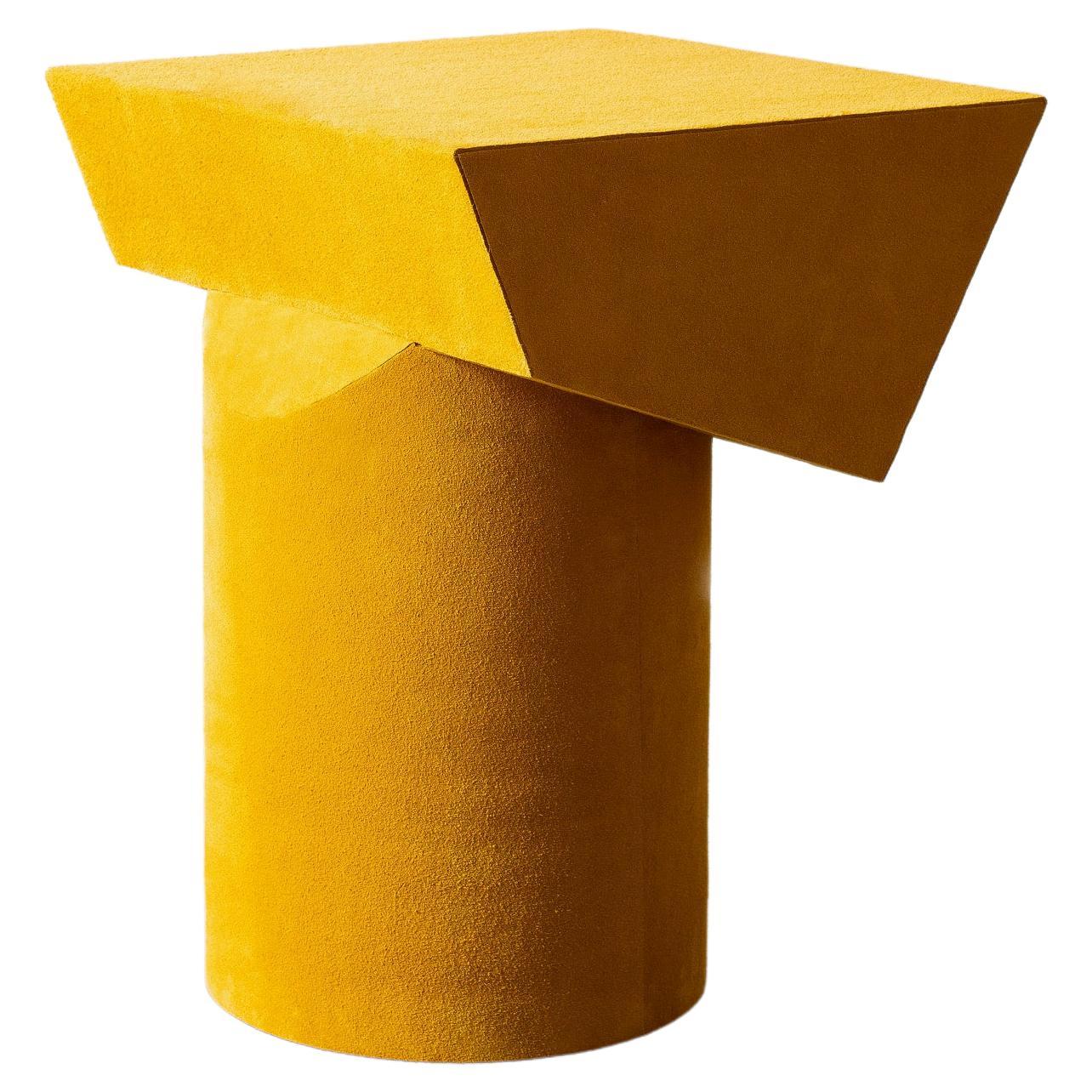 Contemporary T Collection Stool in Wood and Yellow Suede For Sale