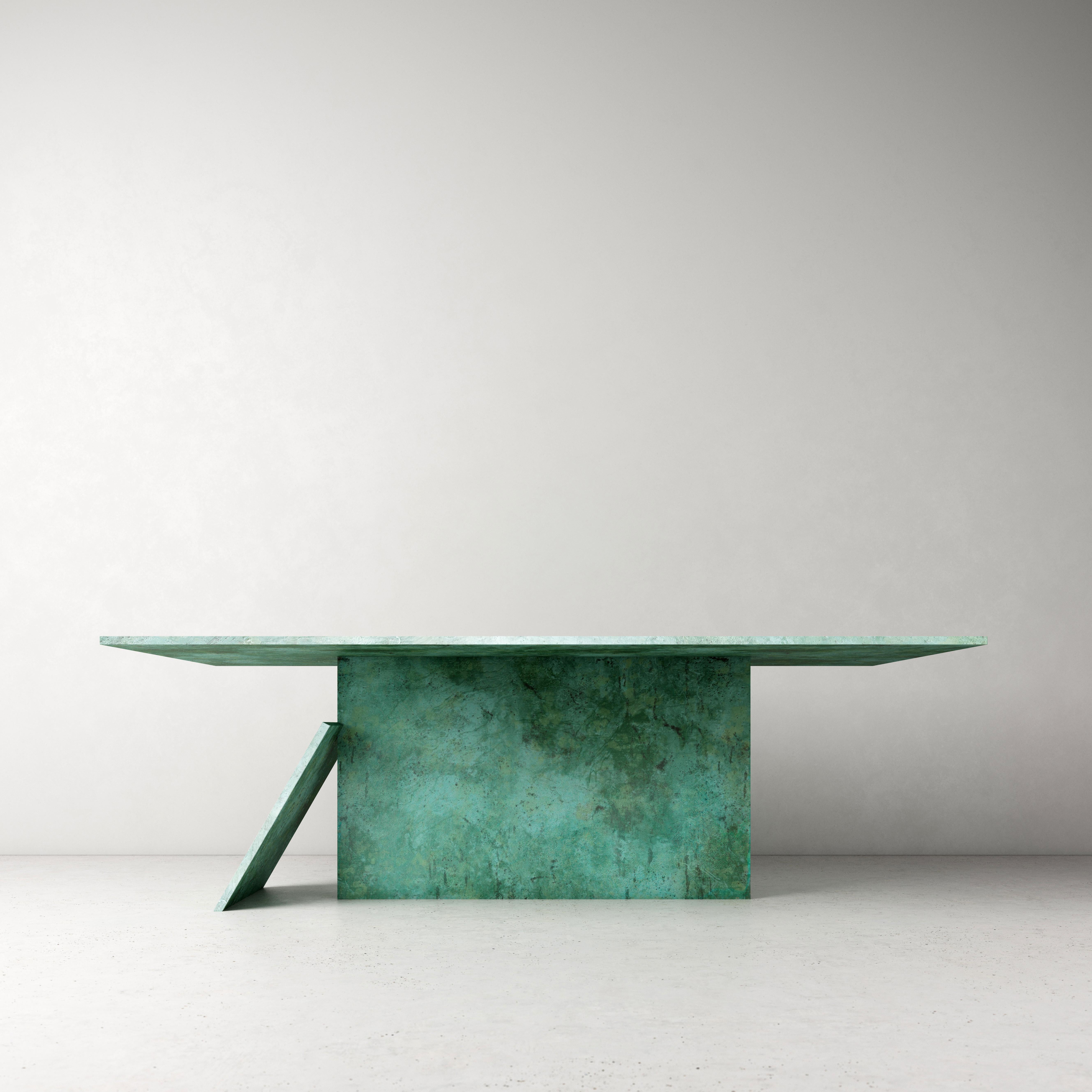 Contemporary table T by Dam Atelier.
Dimensions: L 220 x W 110 x H 73.
Materials: verdigris copper.
Also available in stainless steel.

Dam atelier is a duo of young Italian architects sharing the passion for design
and architecture, Paolo