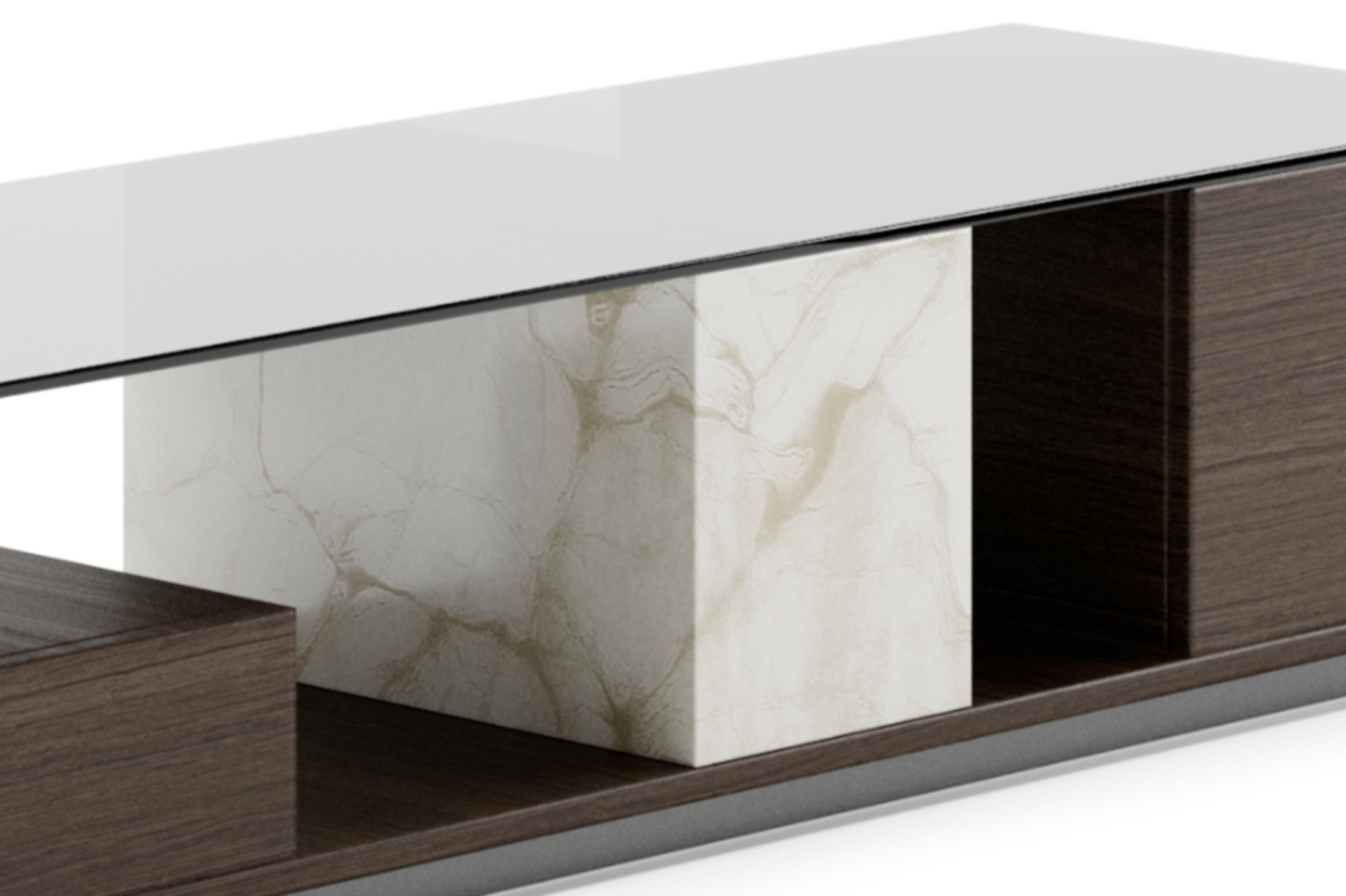 Modern Contemporary Side Table Oak Smoked Glass Marble For Sale