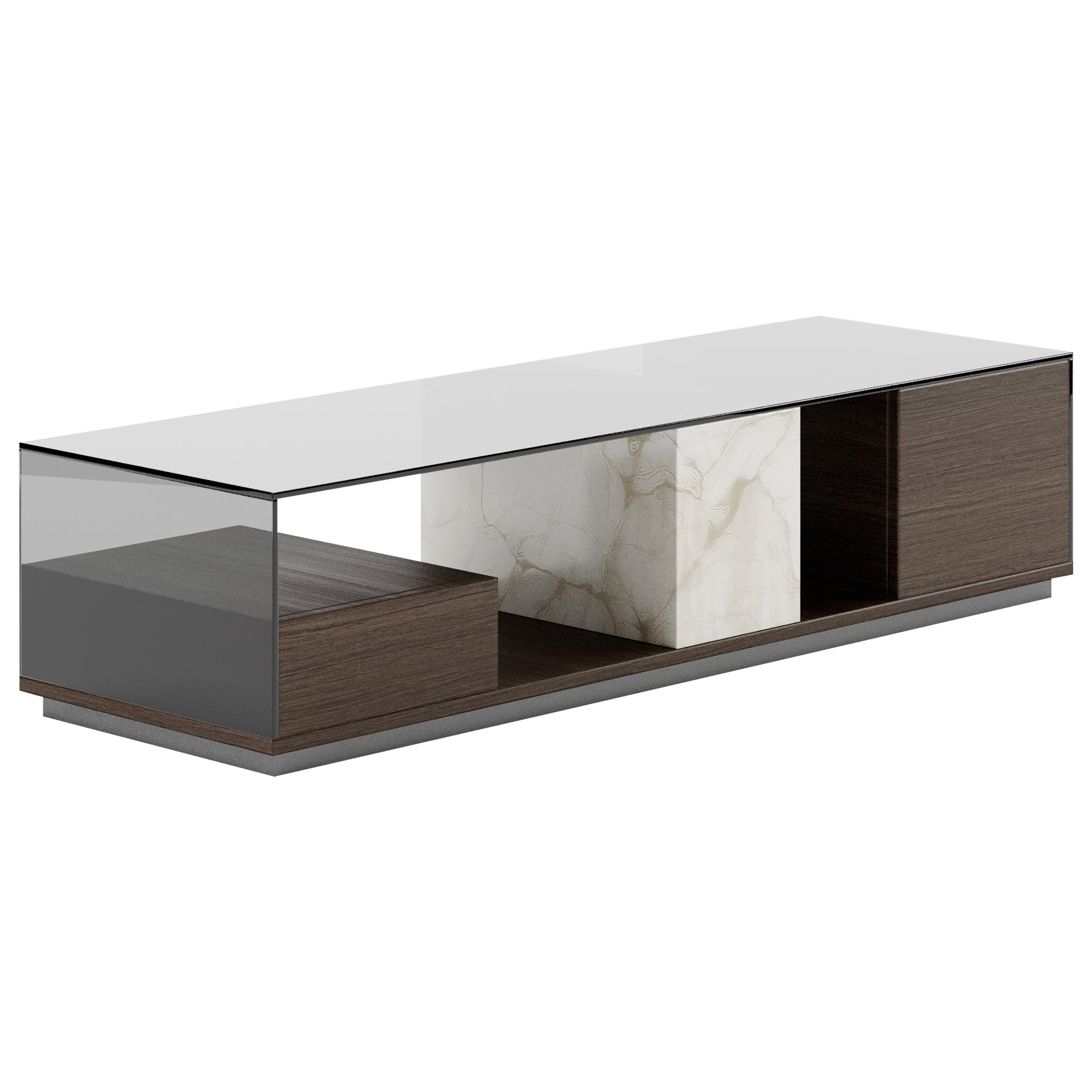 Contemporary Side Table Oak Smoked Glass Marble For Sale
