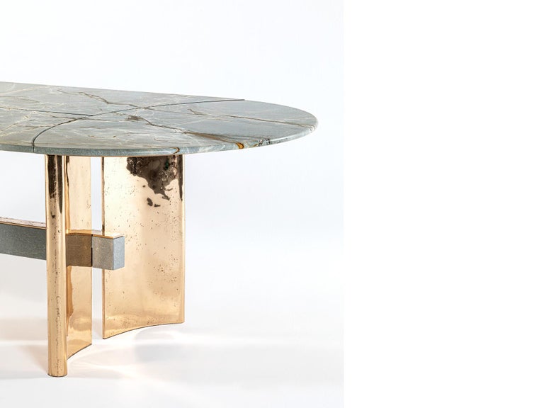 Modern Contemporary Table by Hessentia with Blue Marble Top and Bronze Casting Base For Sale