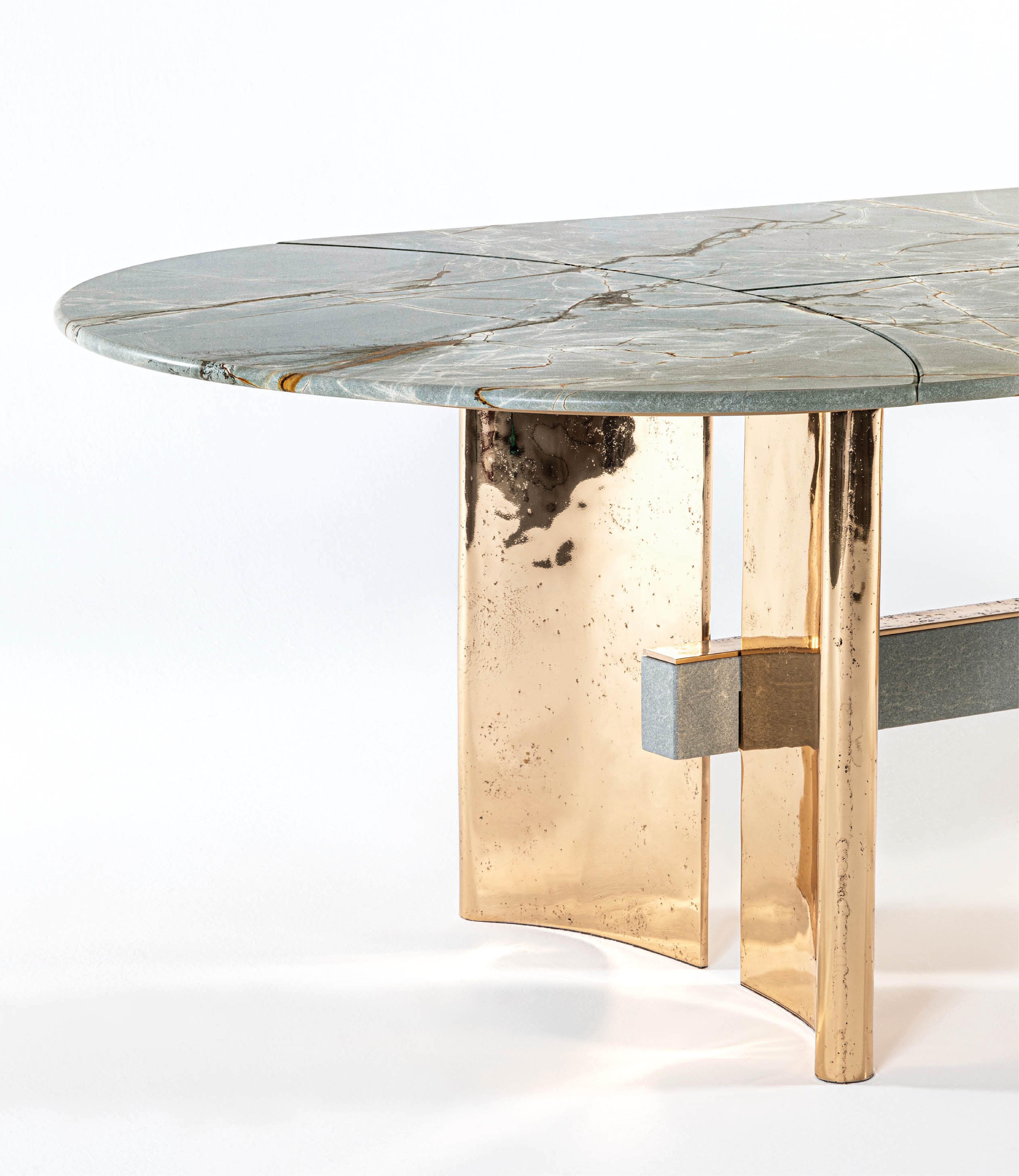 Modern Contemporary Table by Hessentia with Blue Marble Top and Bronze Casting Base For Sale