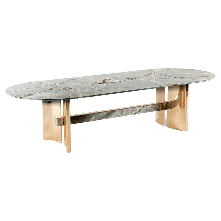 Contemporary Table by Hessentia with Blue Marble Top and Bronze Casting Base For Sale