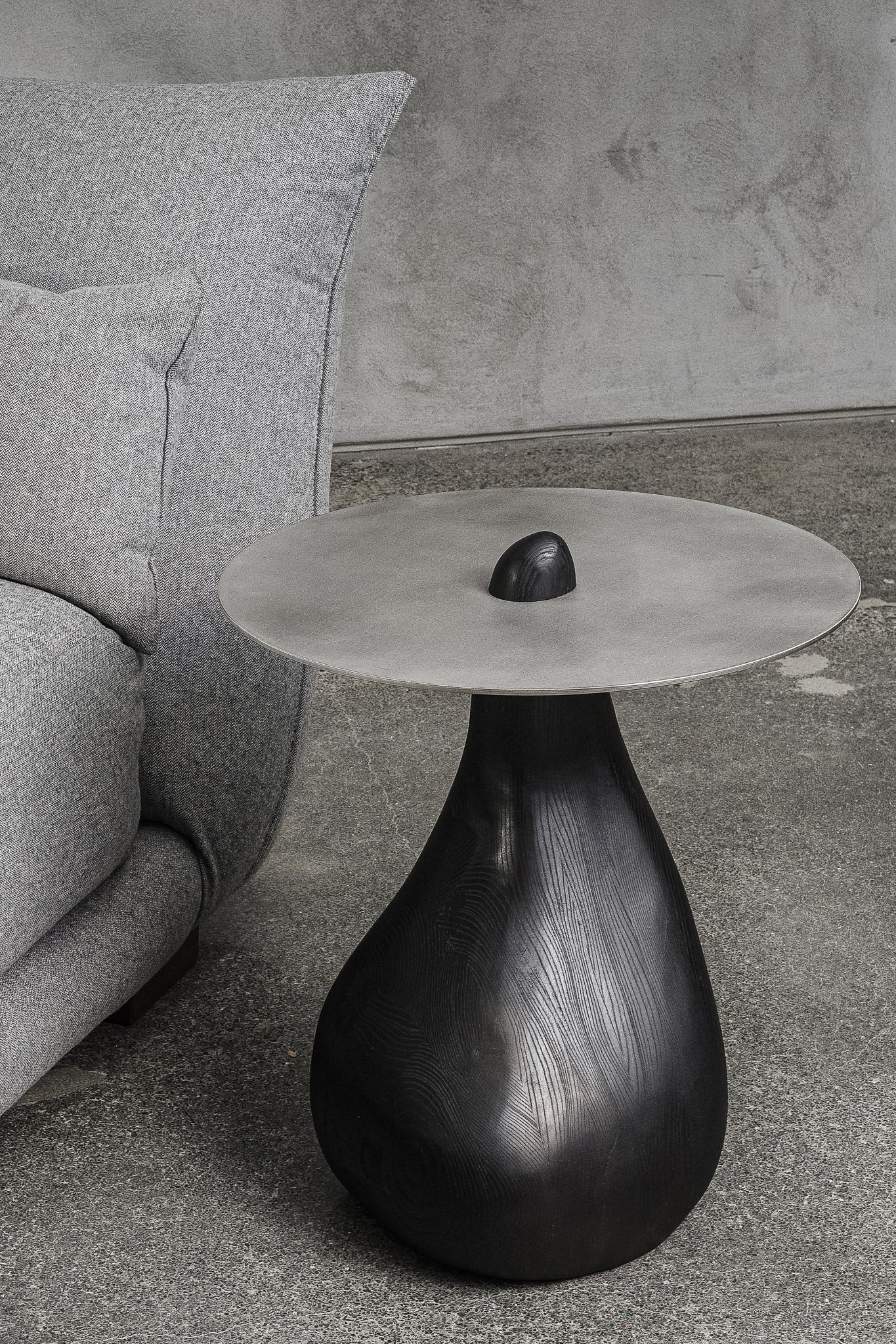 Organic Modern Crépuscule - Contemporary side table - Carved Ash & steel top by Nadine Hajjar For Sale