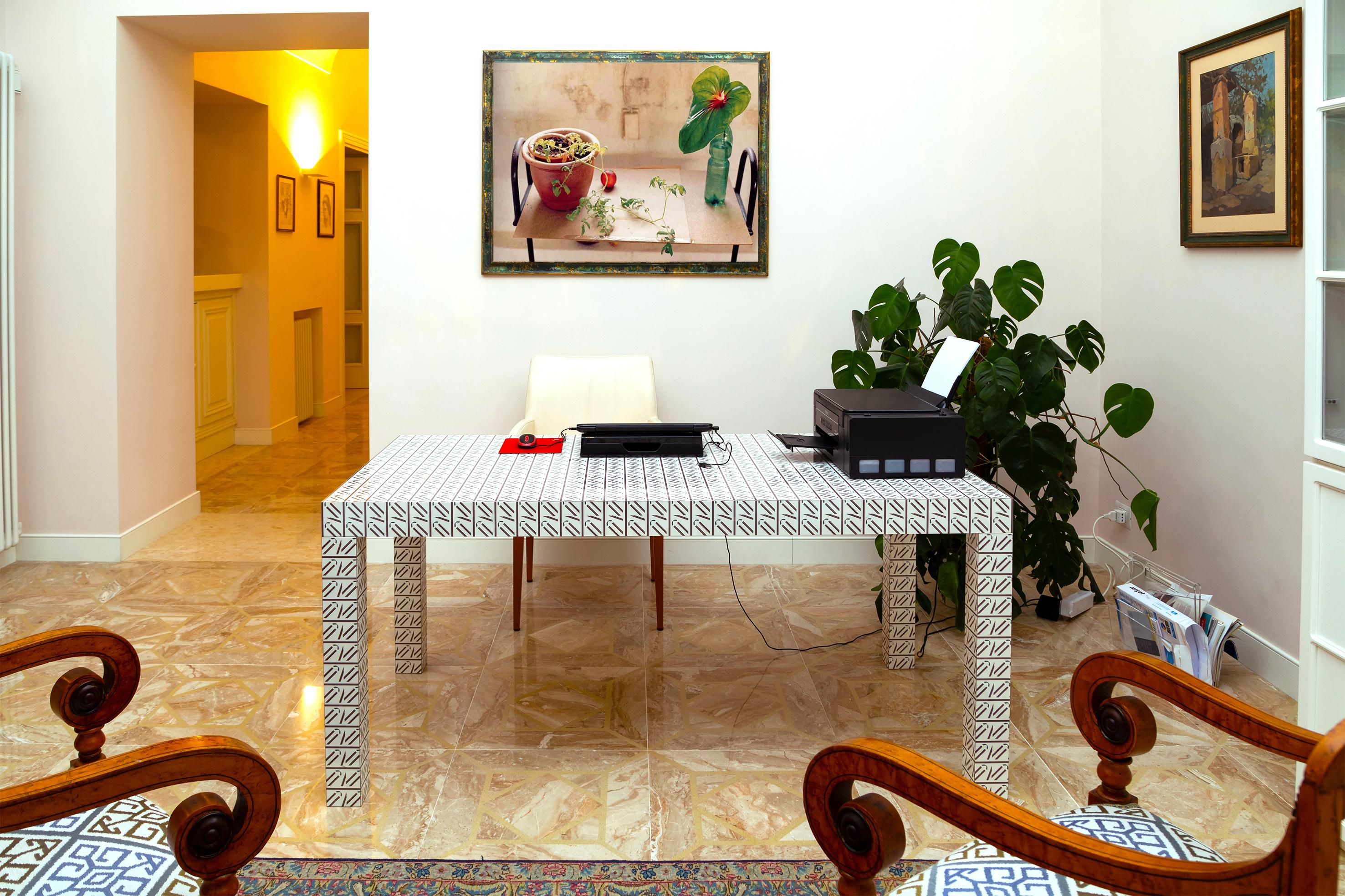 Laminated Graphic Table/Desk White California Hitan Wood and Laminates by Chapel Petrassi For Sale