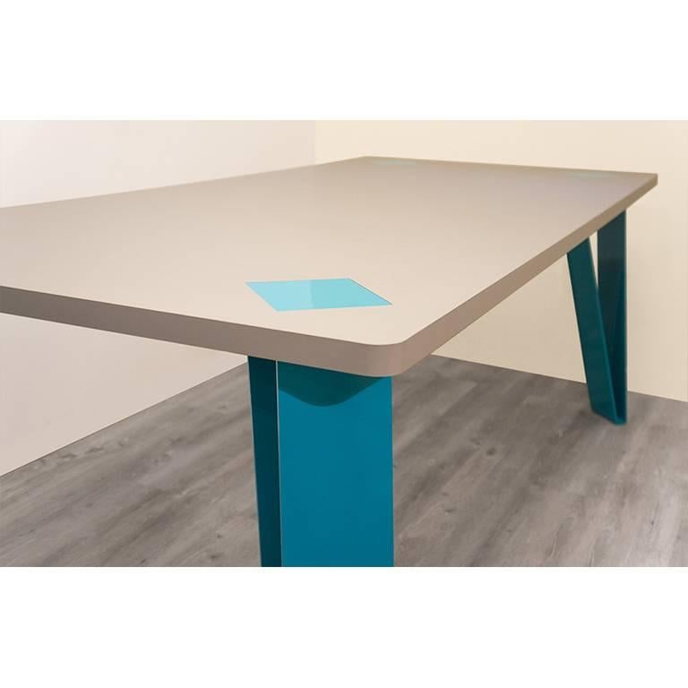 French Contemporary Table, E. Marin & D. Reynaud, Metal Lacquered Legs, Fenix Table Top For Sale