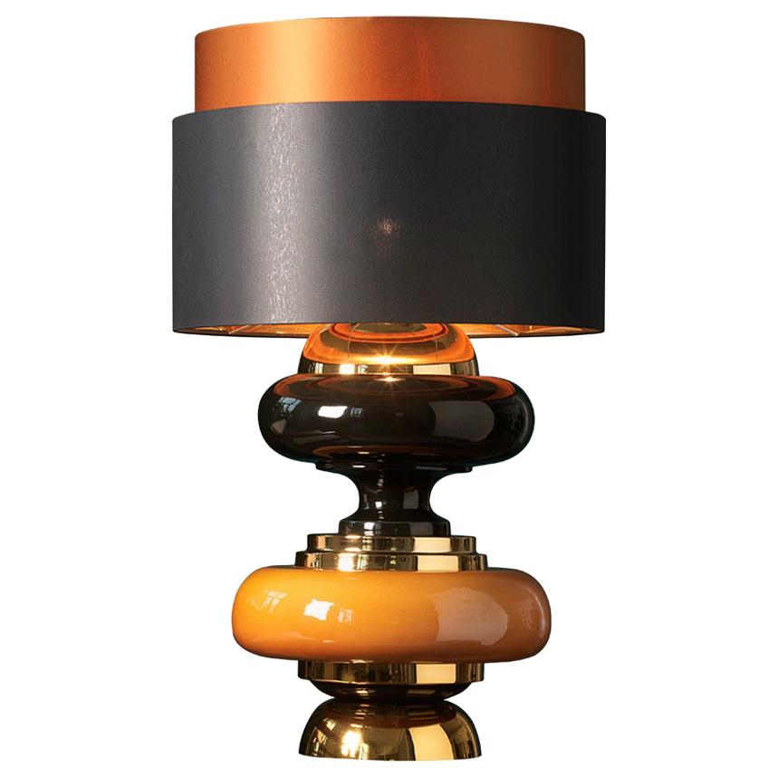 Contemporary Table Lamp Lampshade Brass Gilded Gold Amber Black Italy For Sale