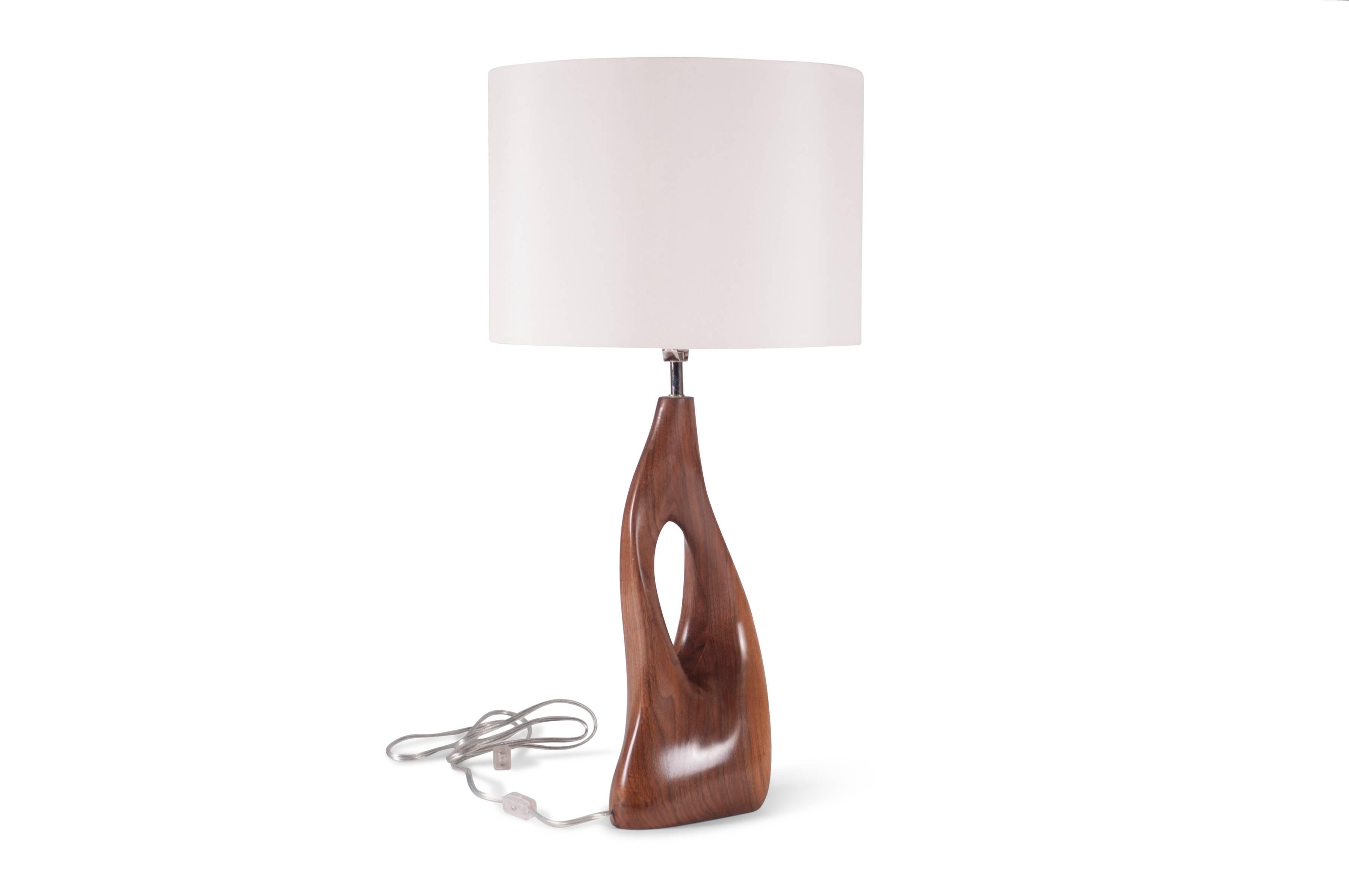Modern Amorph Helix Table Lamp Solid Walnut, White Shade For Sale