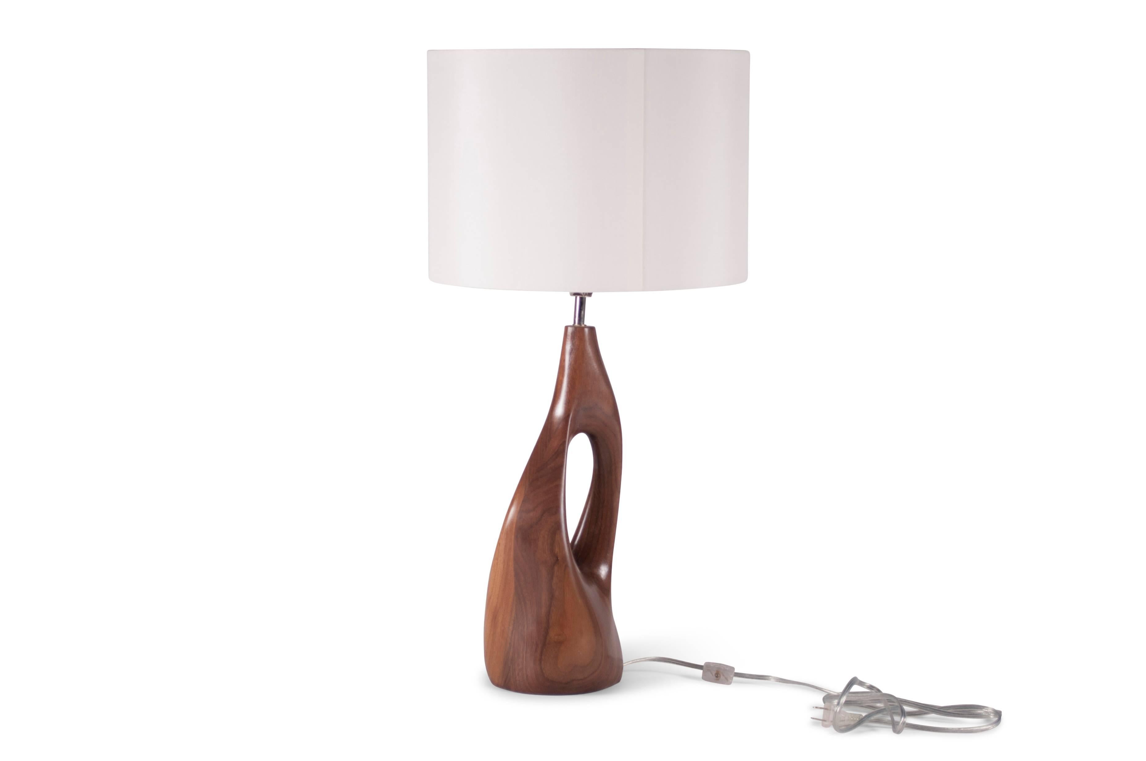 Carved Amorph Helix Table Lamp Solid Walnut, White Shade For Sale