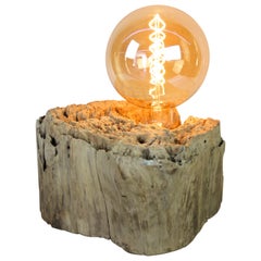 Contemporary Table Lamp with Driftwood and LED Lightbulb Ball