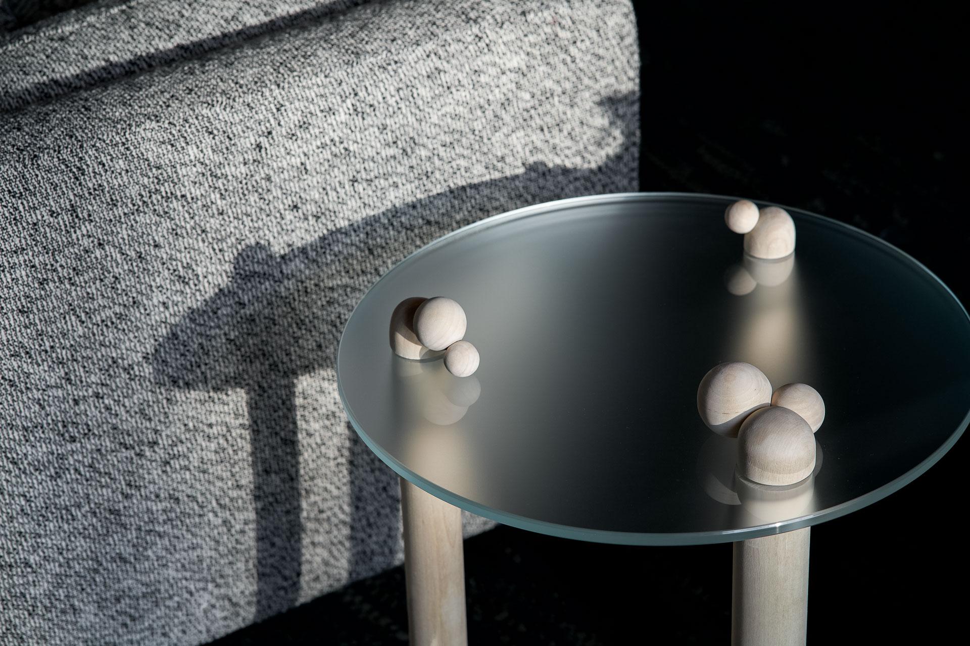 Modern Contemporary table Luna #1 in Satin Glass and Wood by Nadine Hajjar For Sale