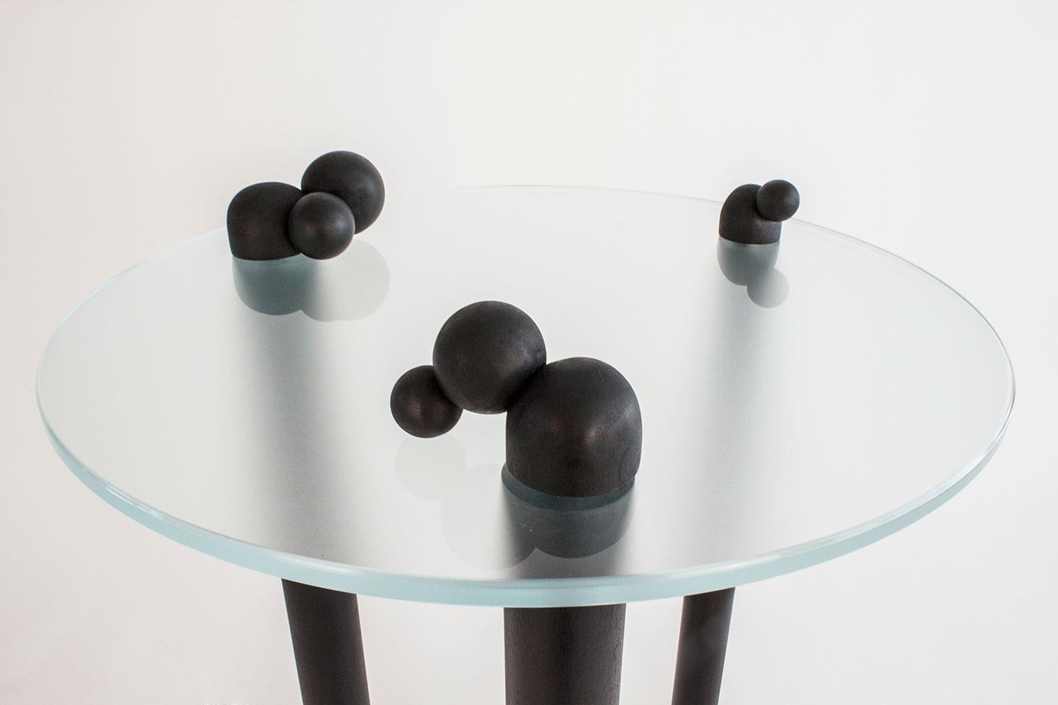 Contemporary table Luna #1 in Satin Glass and Wood by Nadine Hajjar In New Condition For Sale In Montreal, QC