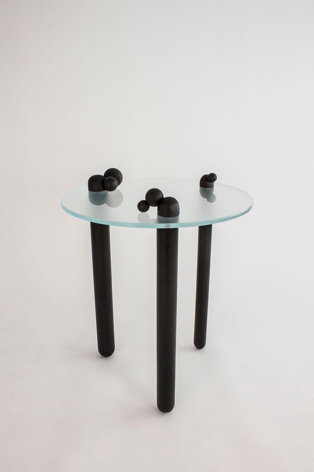 Contemporary table Luna #1 in Satin Glass and Wood by Nadine Hajjar For Sale 1
