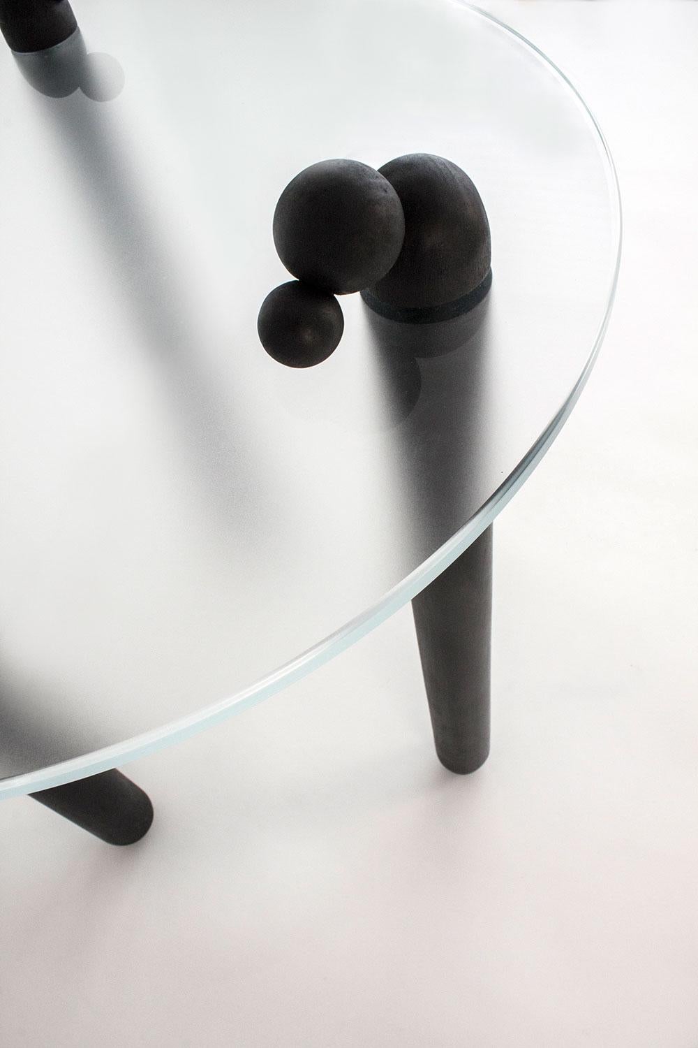 Contemporary table Luna #1 in Satin Glass and Wood by Nadine Hajjar For Sale 2