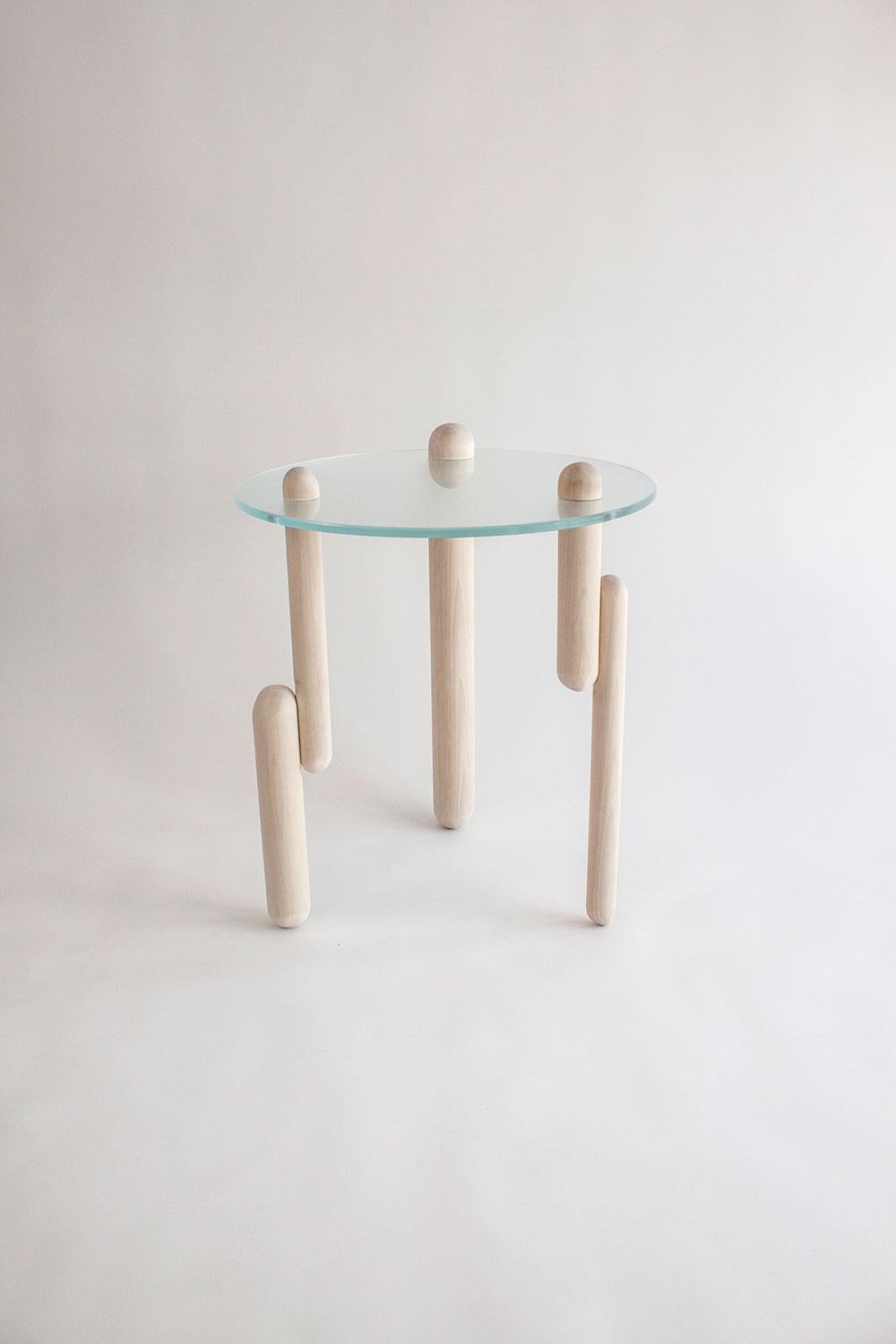 Carved Contemporary table Luna #2 in Satin Glass and Wood by Nadine Hajjar For Sale