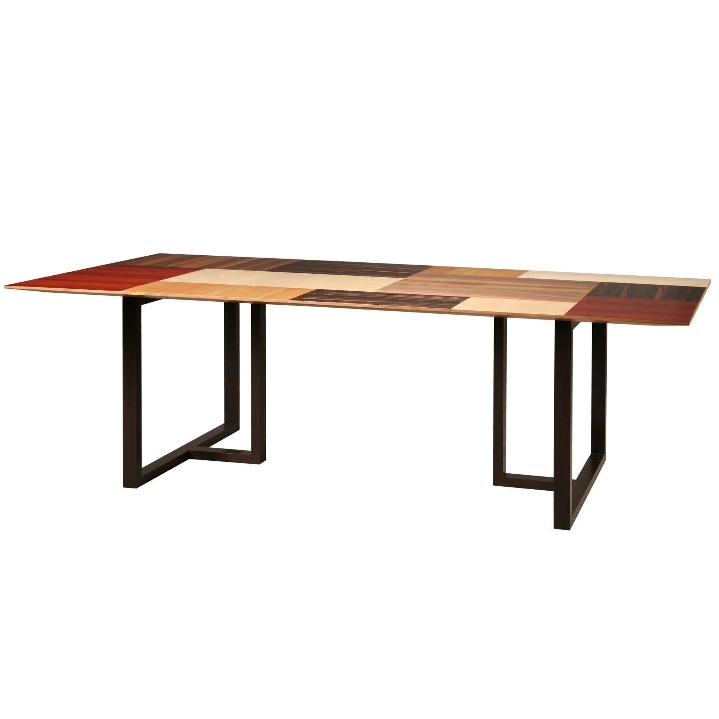 Campiello, contemporary table with wood patchwork top made with cherry, walnut, ebony, maple and padouk.
Splay cut thin top.
 