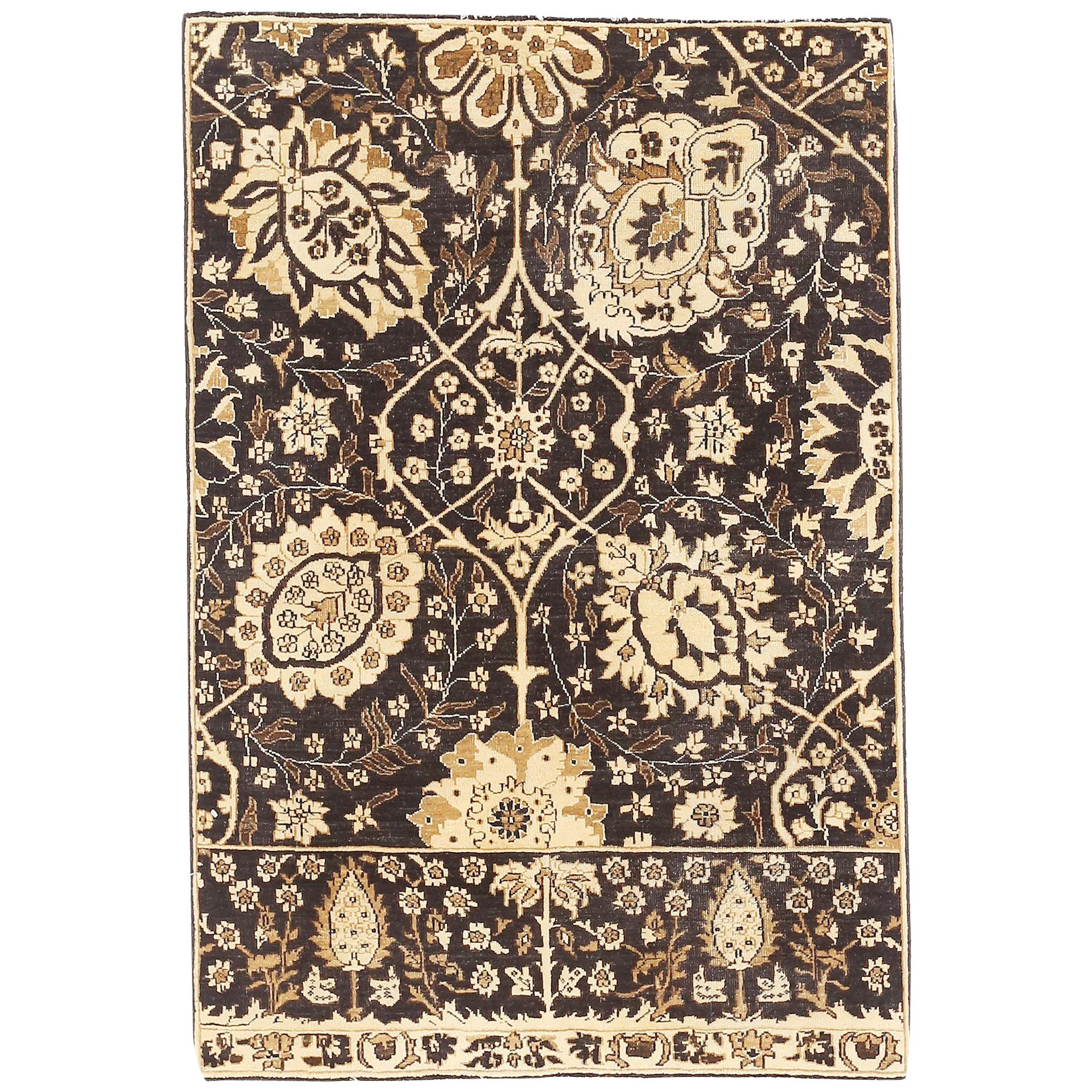 Contemporary Tabriz Rug with Black and Brown Flower Motifs on Ivory Field