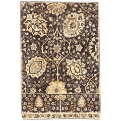 Contemporary Tabriz Rug with Black and Brown Flower Motifs on Ivory Field