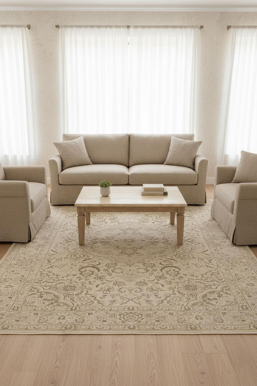 Dieser handgewebte Wollteppich zeigt die Eleganz der Handwerkskunst im Stil von Täbris, mit einem sanft gegliederten zentralen Medaillon, das von Blumen- und Rankenmotiven umgeben ist. Die Farbpalette, die von Creme, Beige und hellem Taupe dominiert