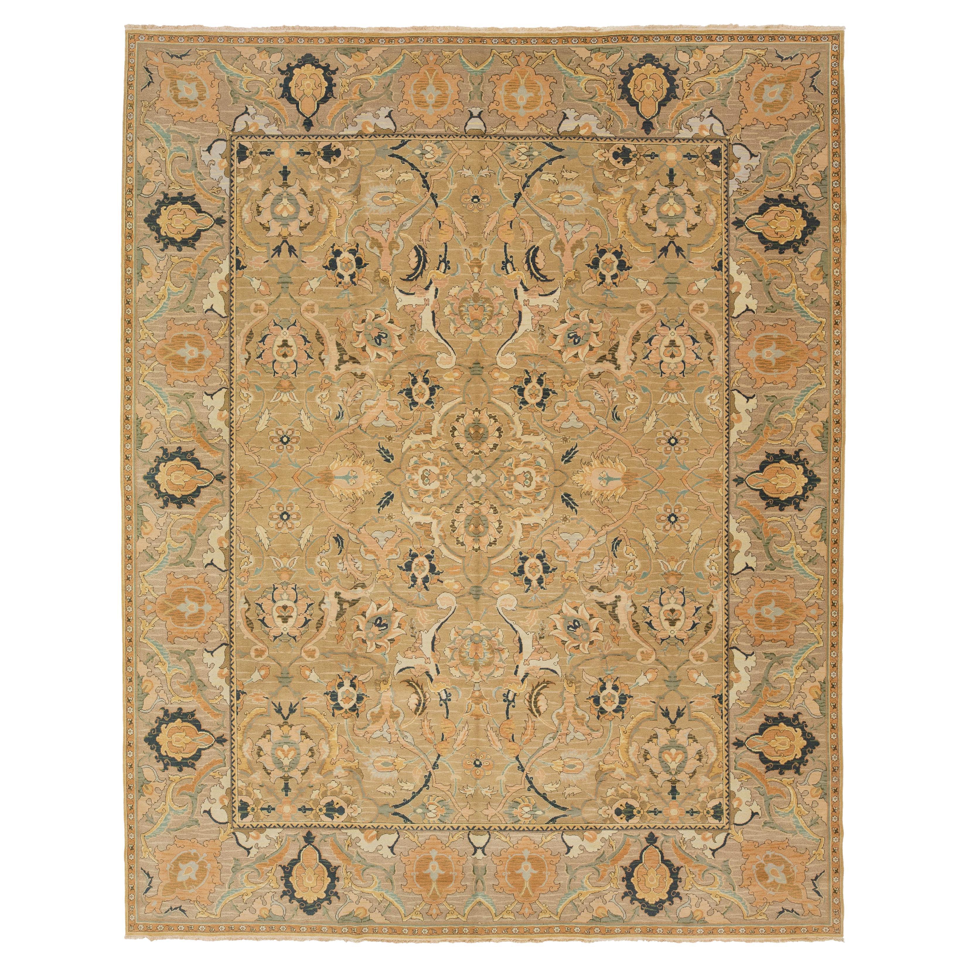 Contemporary Oushak Style Wool Rug with Floral Arabesque Pattern Sand & Celadon