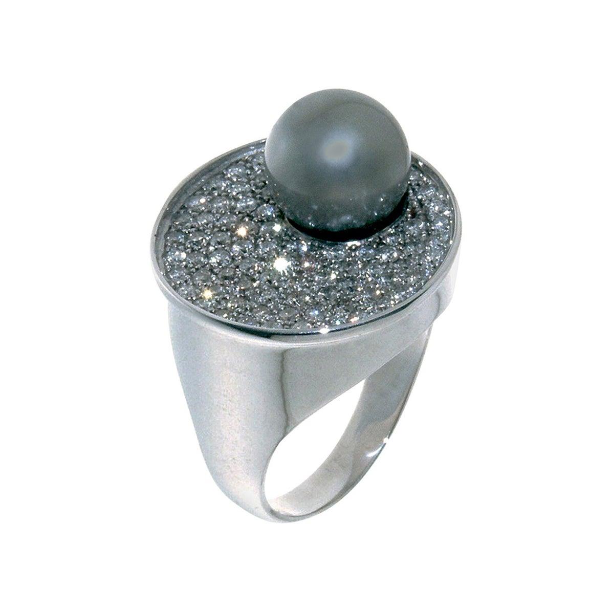 Contemporary Tahitian Pearl Pave Diamond in 18 Karat White Gold Cocktail Ring  For Sale