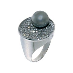 Contemporary Tahitian Pearl Pave Diamond in 18 Karat White Gold Cocktail Ring