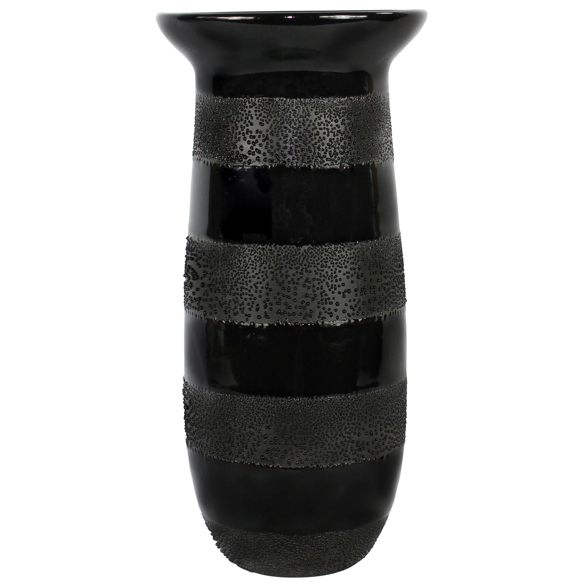 Contemporary Tall Dew Vase #2 Striped Black Ceramic and Glaze, Handmade For Sale