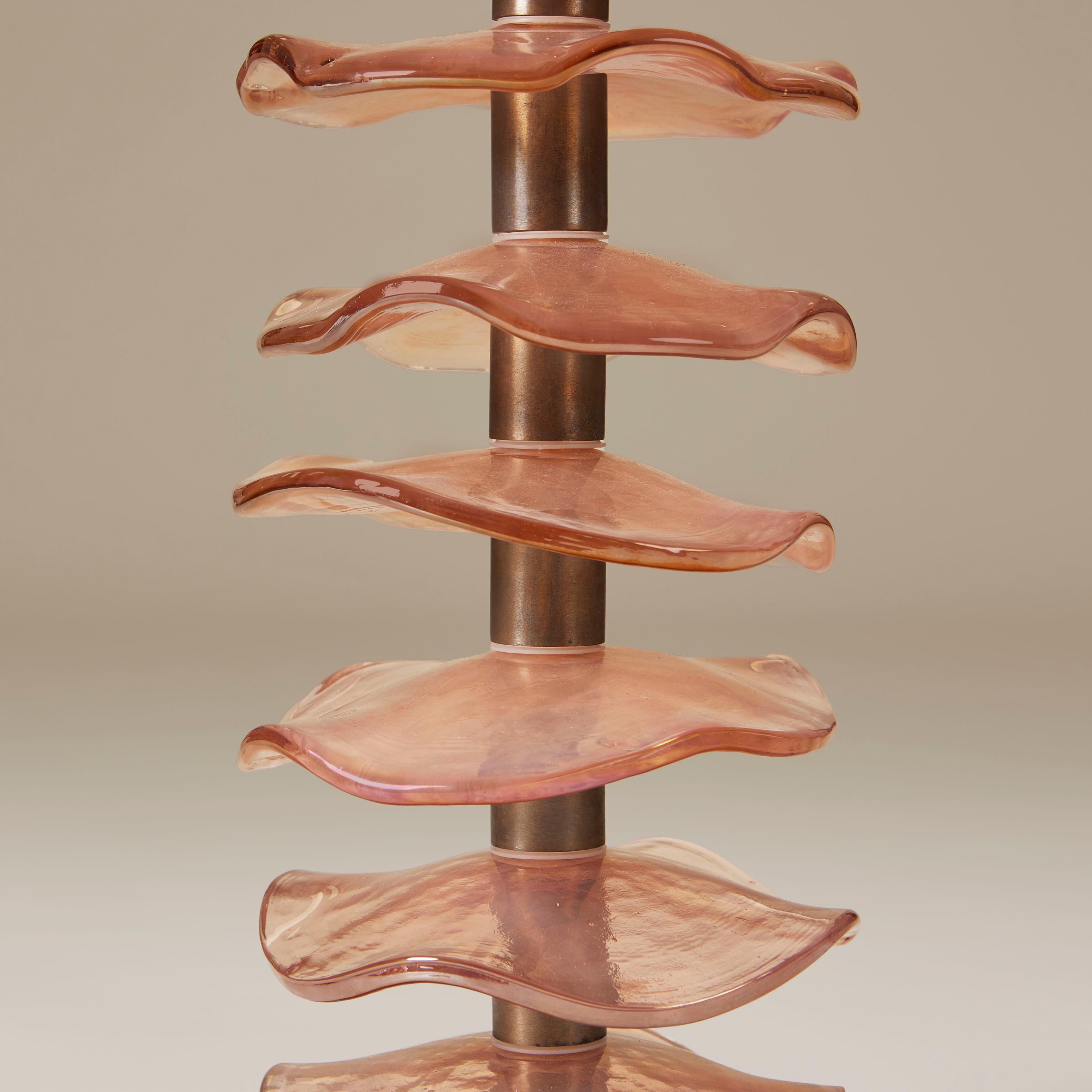 Contemporary Tall pair of Italian Murano peach/rose glass petal lamps with brass detailing For Sale