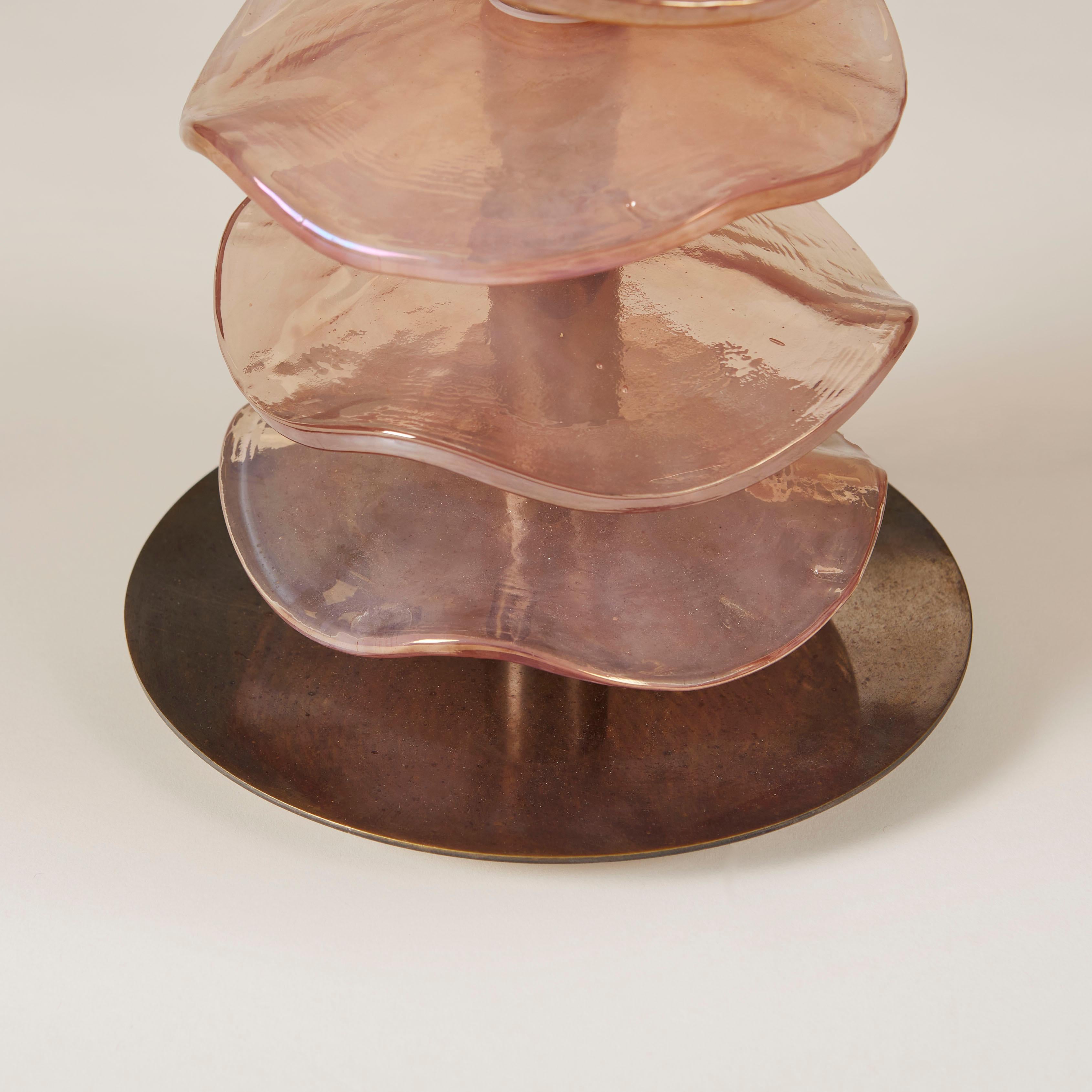 Brass Tall pair of Italian Murano peach/rose glass petal lamps with brass detailing For Sale