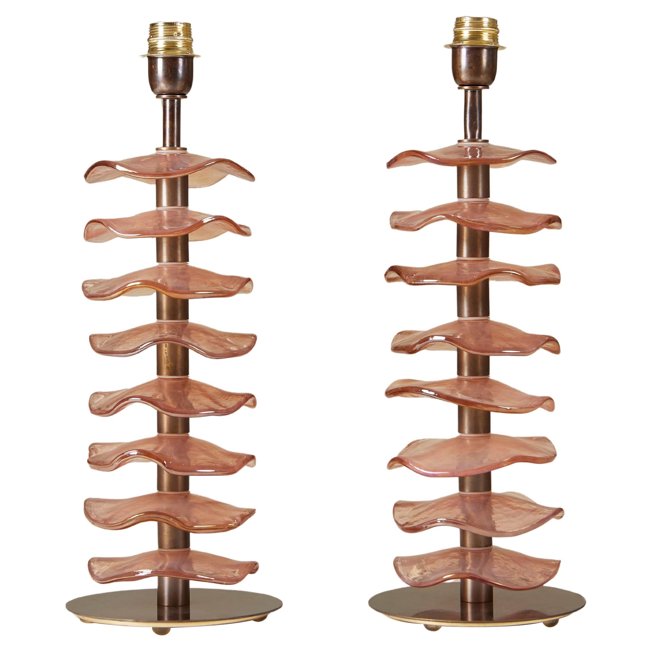 Tall pair of Italian Murano peach/rose glass petal lamps with brass detailing