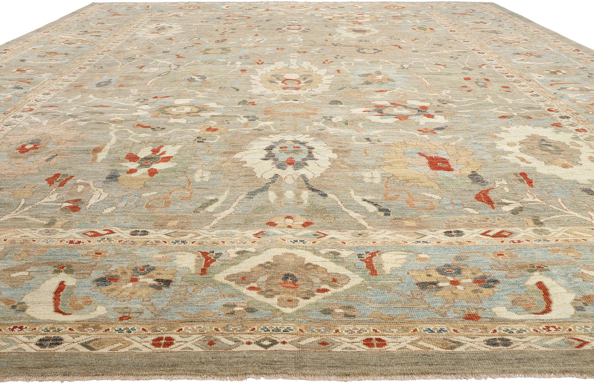 Organic Modern Contemporary Tan and Blue Persian Sultanabad Rug, 15'06 x 18'09 For Sale