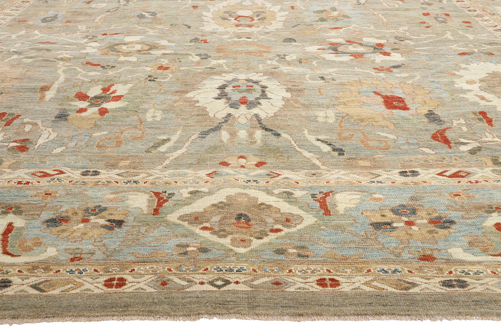 Hand-Knotted Contemporary Tan and Blue Persian Sultanabad Rug, 15'06 x 18'09 For Sale